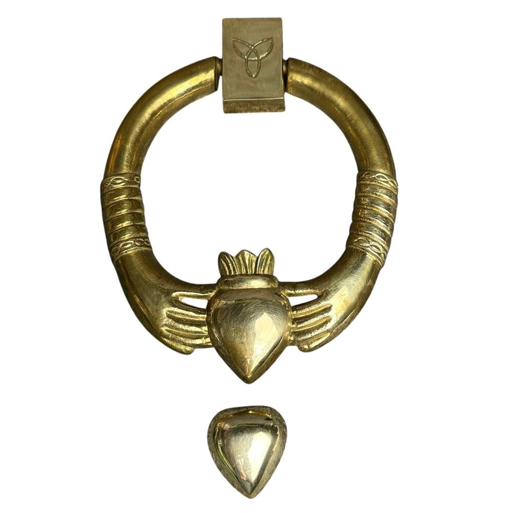 Vintage brass Irish Claddagh door knocker Celtic hands and heart 6” cottage